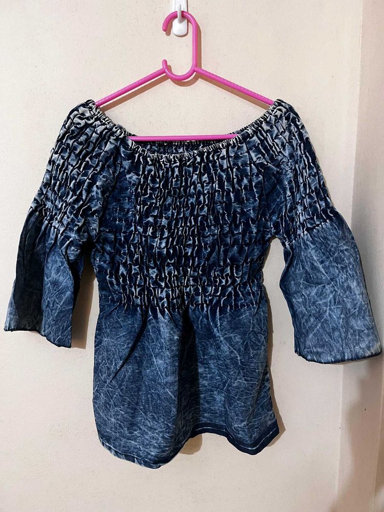 Trendy Smocked Denim Look Top