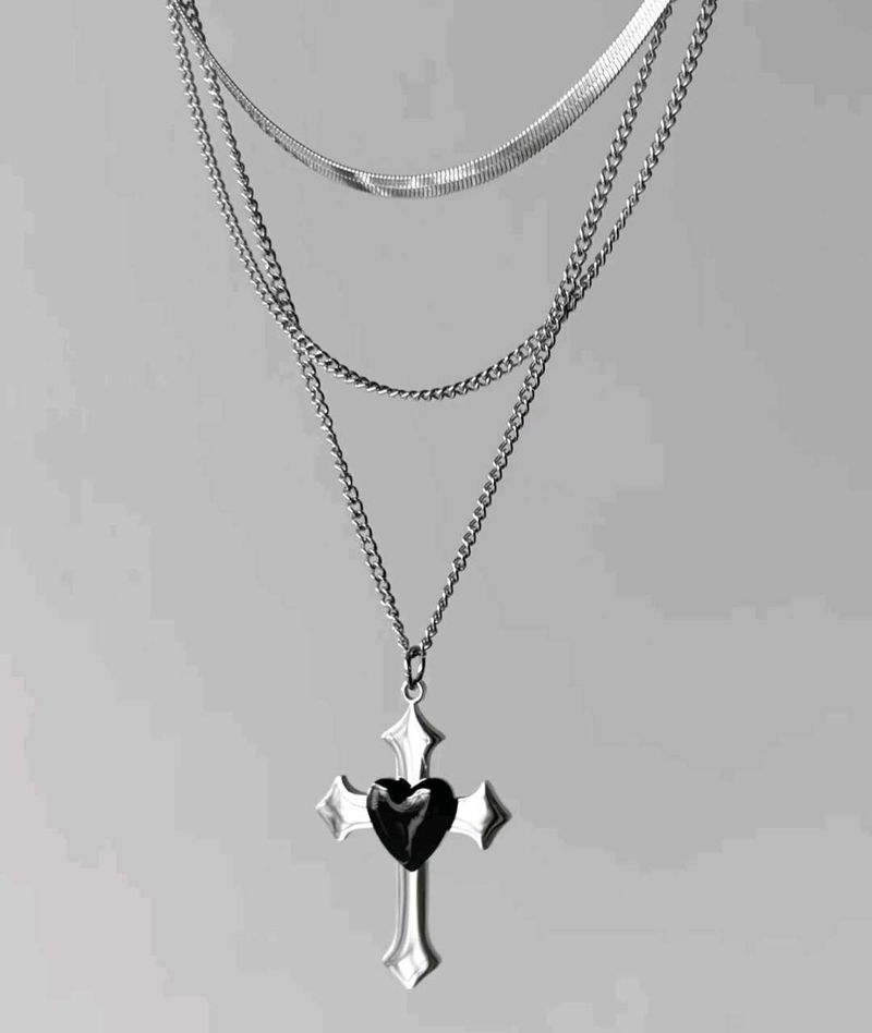 Layered Cross &amp; Heart Pendant Necklace