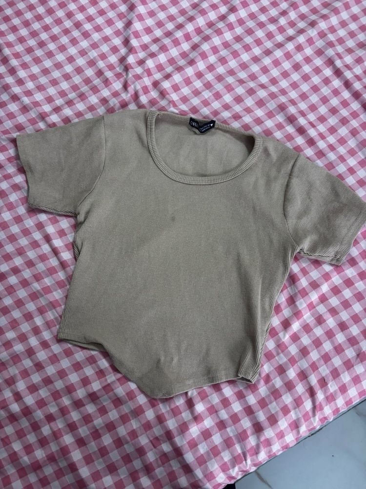 Tan Cropped Ribbed Top