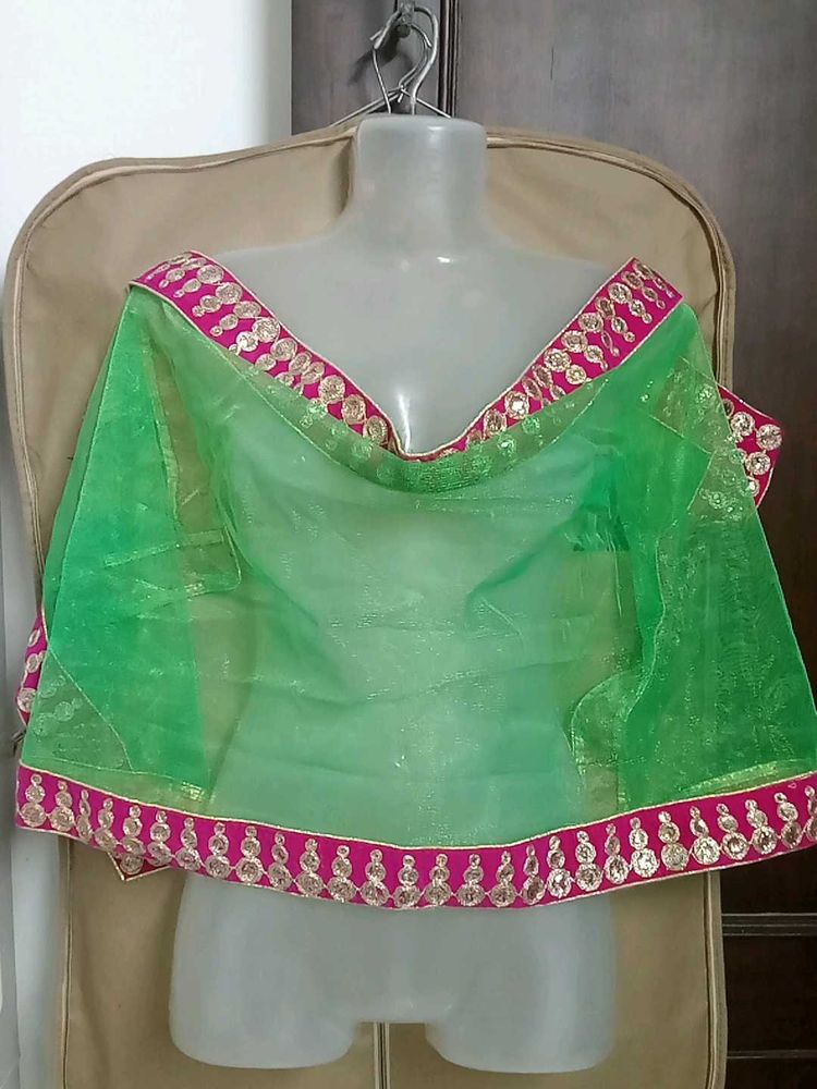 Vibrant Green Dupatta with Pink &amp; Gold Border
