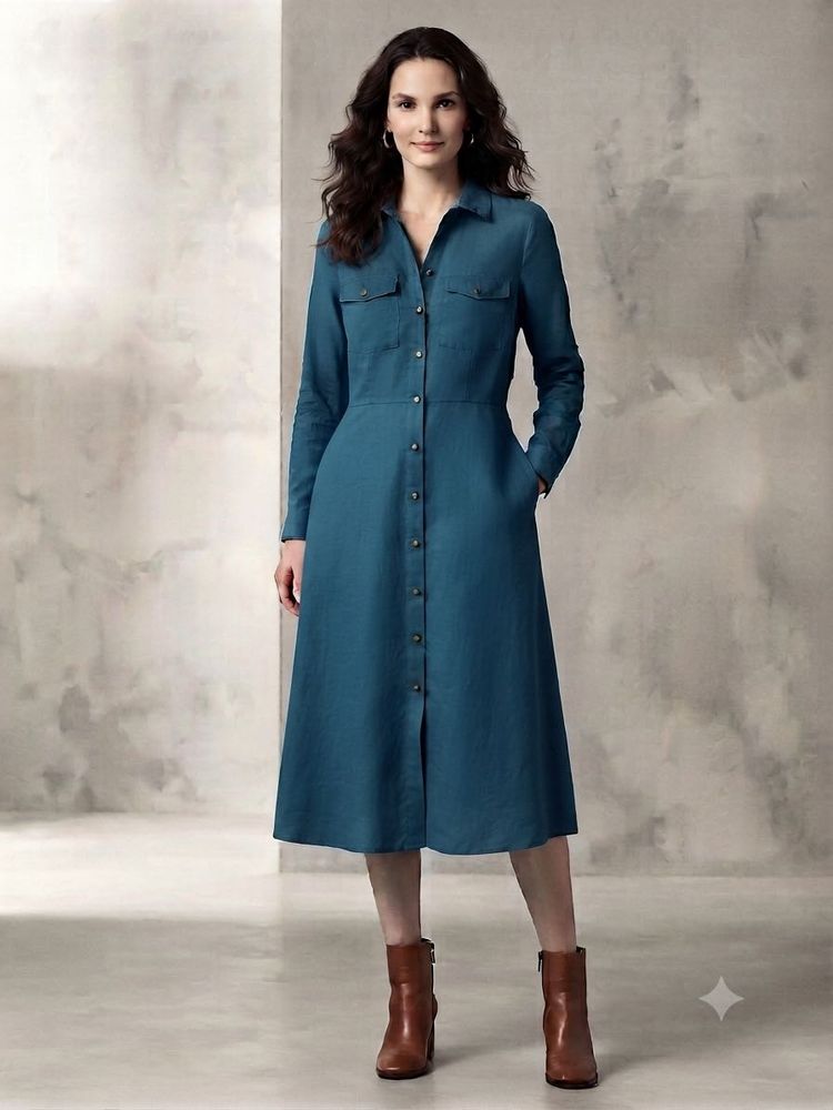 Teal Button-Down Shirt Dress