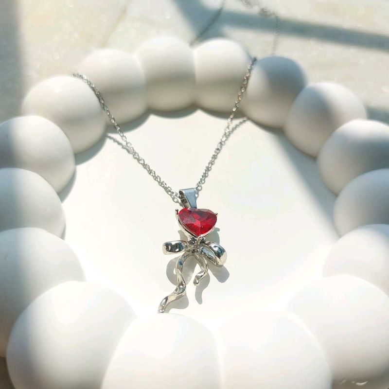 Sparkling Red Heart Bow Necklace