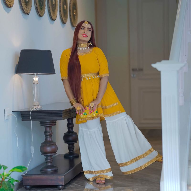 Kurta, Sharara pant, Shell belt with necklace