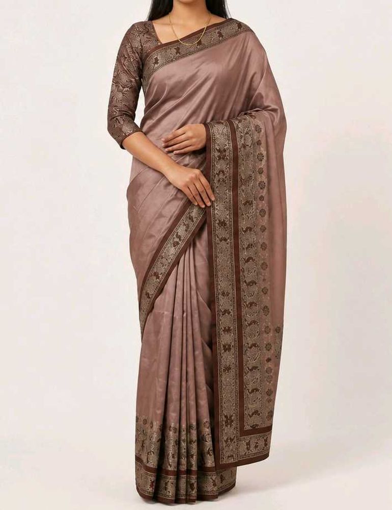 Elegant Brown Silk Saree with Ornate Border