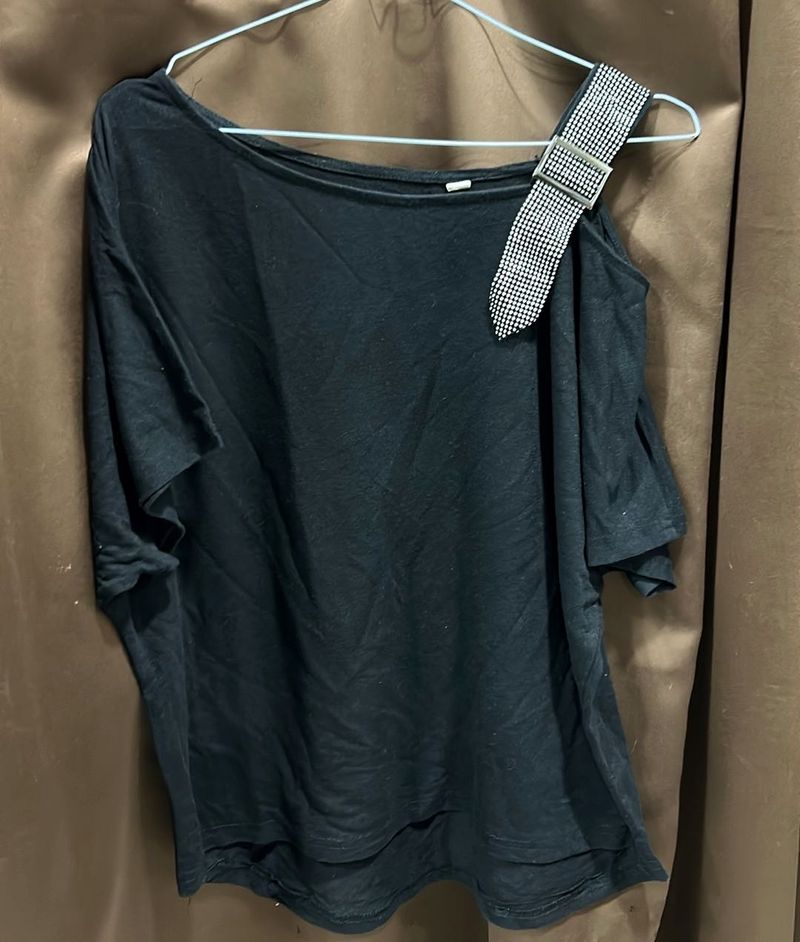Black Cold Shoulder Top with Embellished Strap