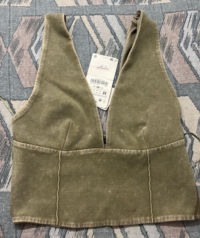 Olive Green Deep V-Neck Crop Top