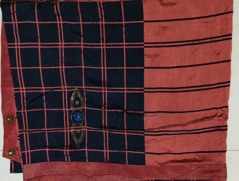 Stylish Checked and Striped Saree with designer bl