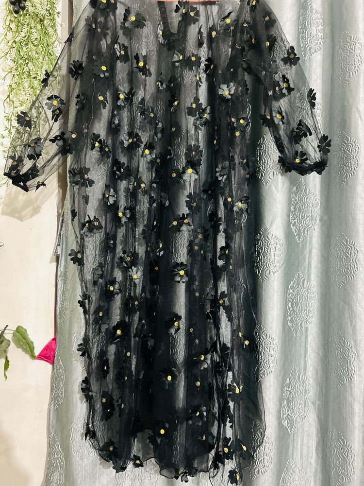 Sheer Black Floral Overlay Dress
