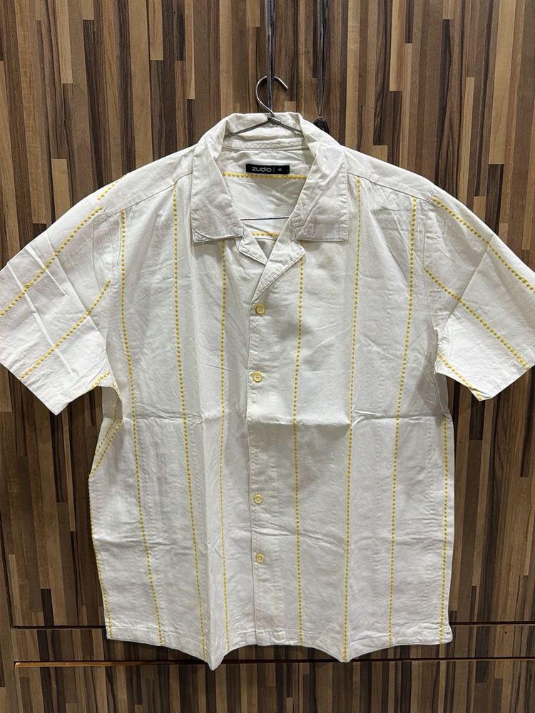 Men's White &amp; Yellow Striped Short Sleeve Shirt