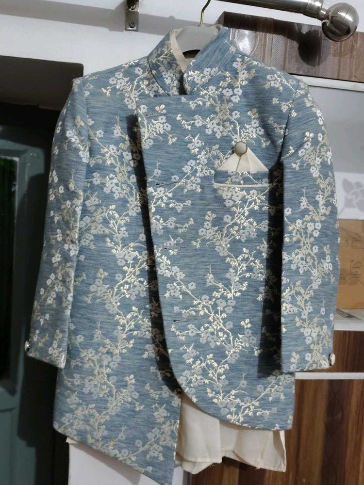 Elegant Blue Floral Sherwani Jacket
