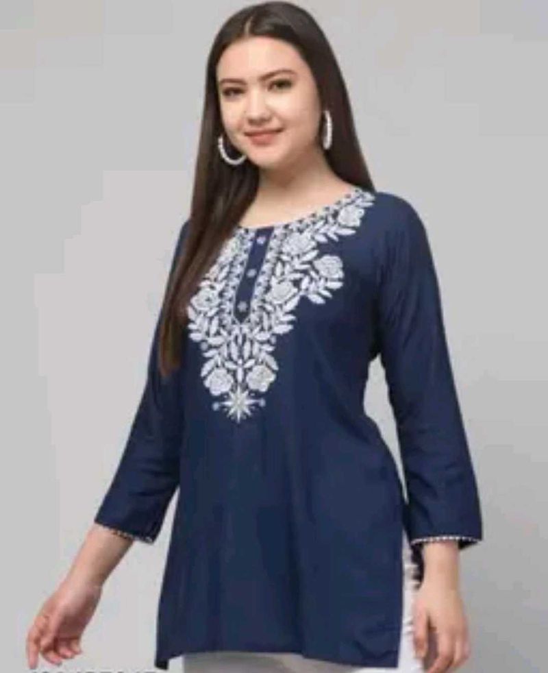 Embroidered Navy Blue Short Kurti For Women