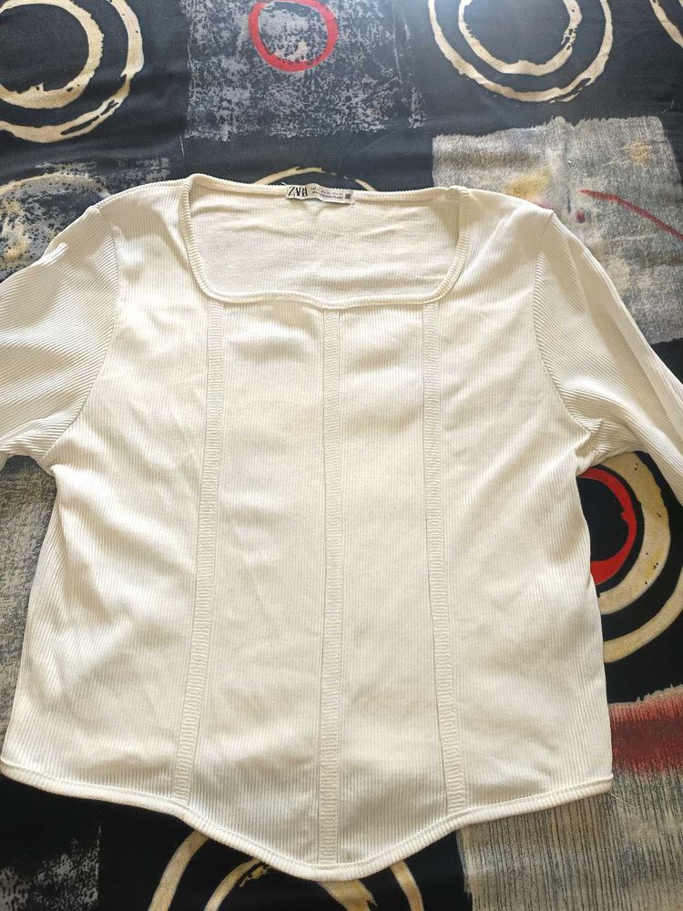Cream Ribbed Square Neck Top