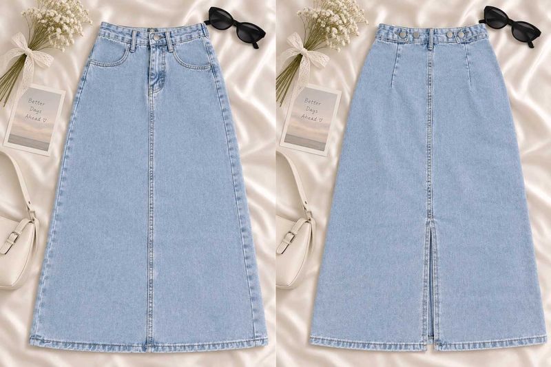 Light Wash Denim Maxi Skirt with Slit
