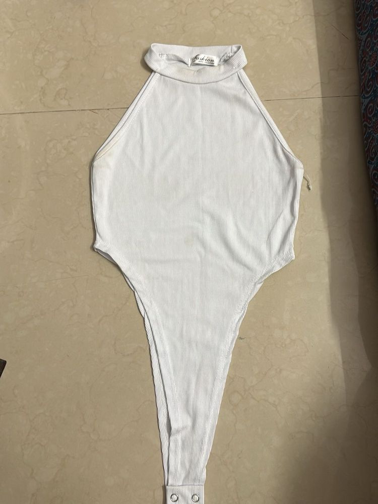 White Halter Neck Ribbed Bodysuit