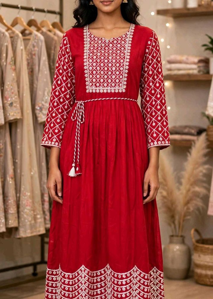 Elegant Red Embroidered Anarkali Kurti