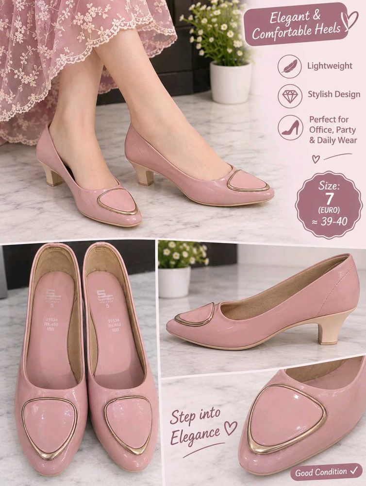 Pink Glossy Block Heel Pumps for Women | Size 5
