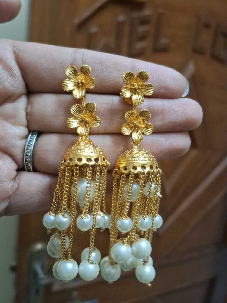 Golden Jhumka Earrings with Pearls
