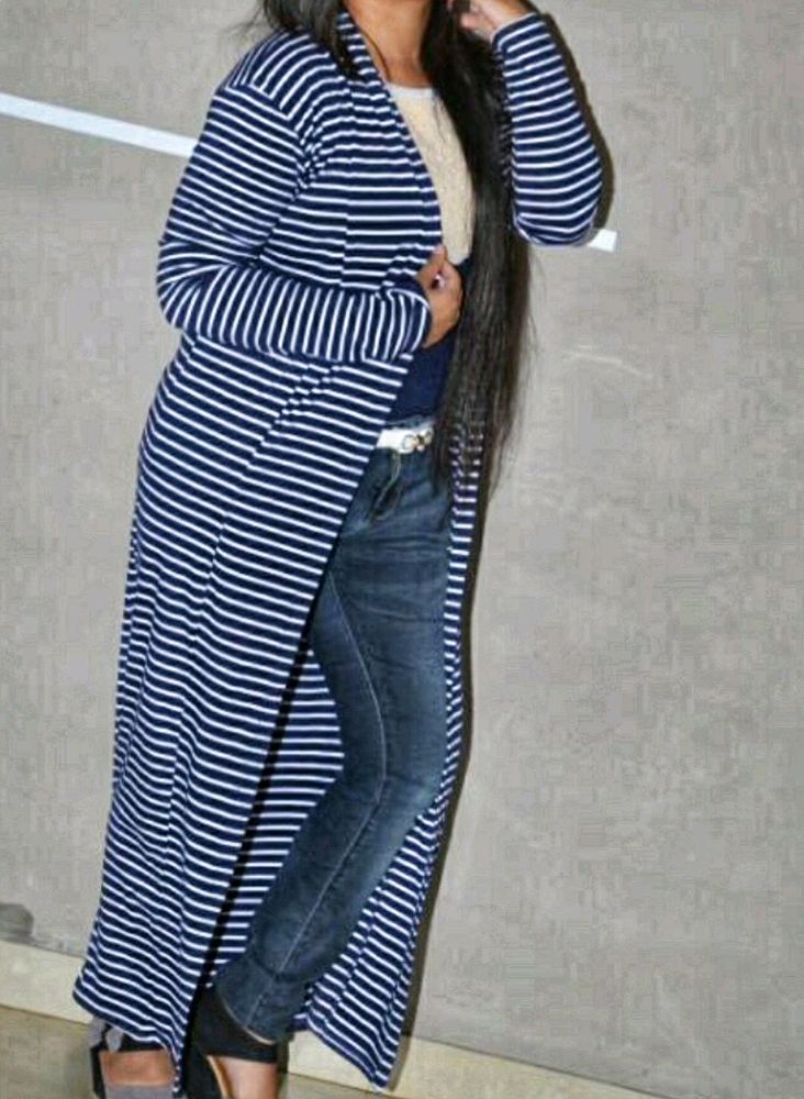 Blue &amp; white striped long jacket