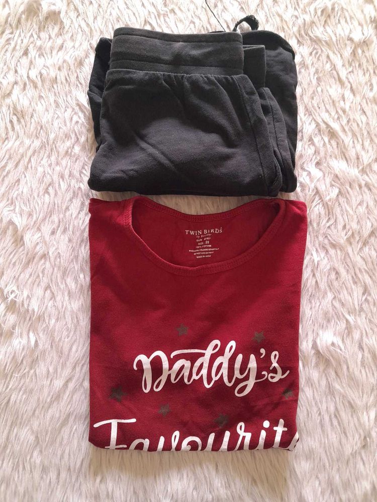 Maroon &amp; Black Shorts &amp; T-Shirt Set For Girl's