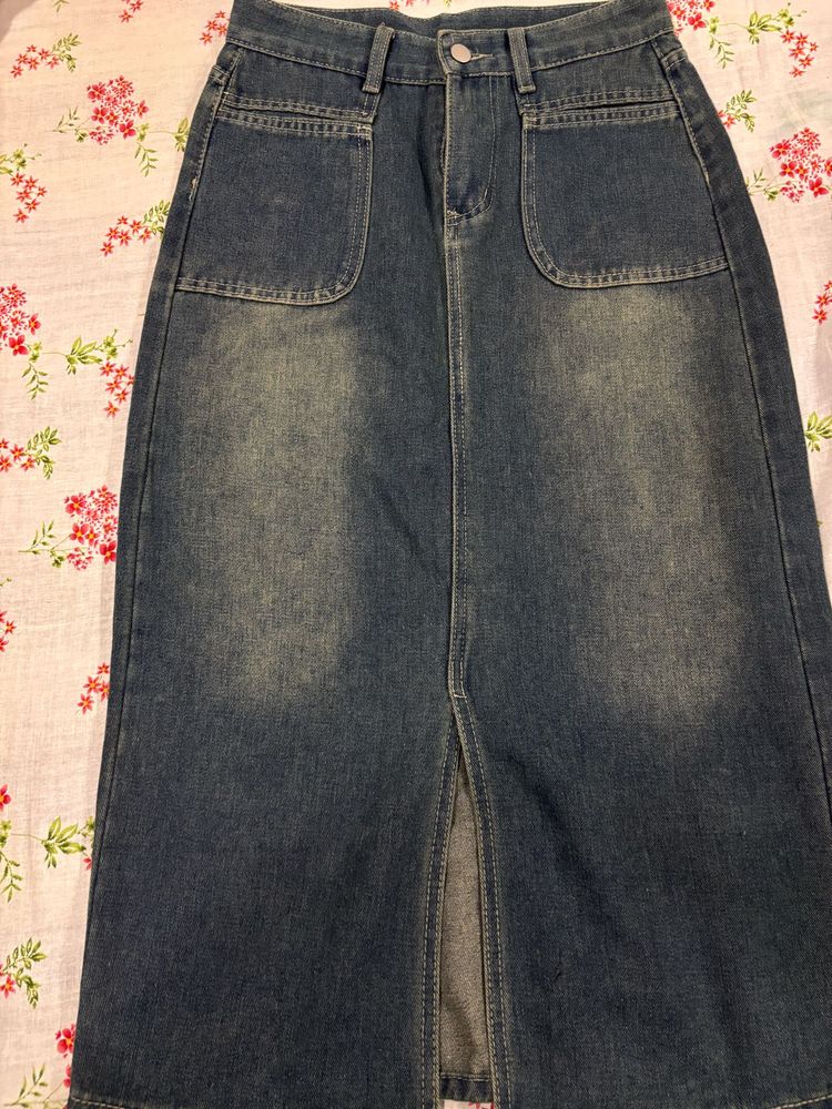 Vintage Wash Denim Maxi Skirt