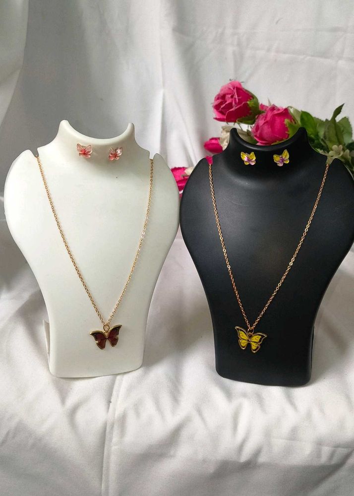Butterfly Combo Necklace &amp; Earring Set YellowBrown