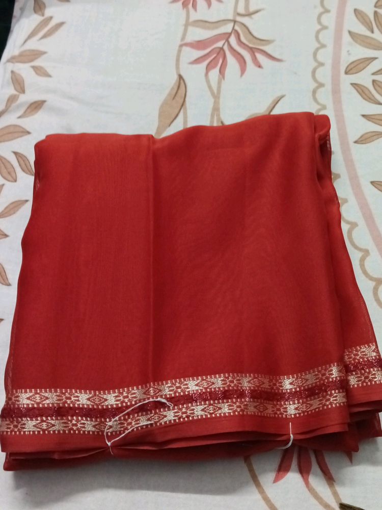 Red-orange(rust) Georgette Saree With Thin Border