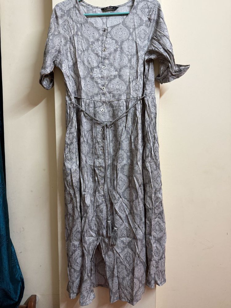 Grey Printed Kurta with Belt