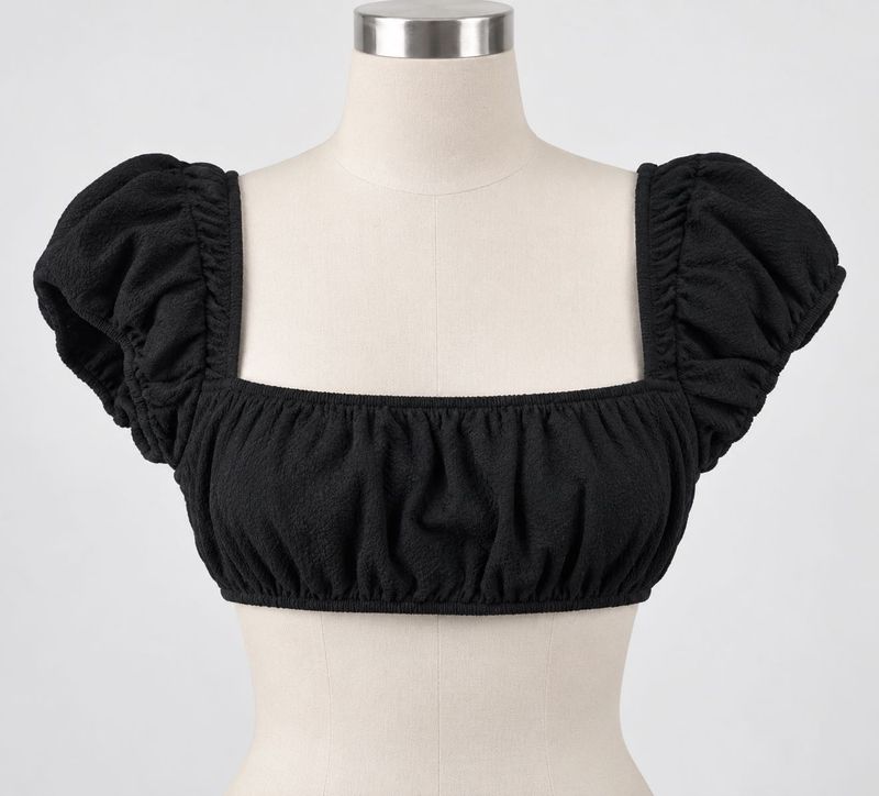 Black Puff Sleeve Square Neck Crop Top