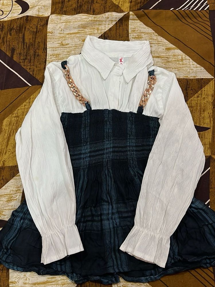 Stylish Plaid Pinafore Dress with White Blouse