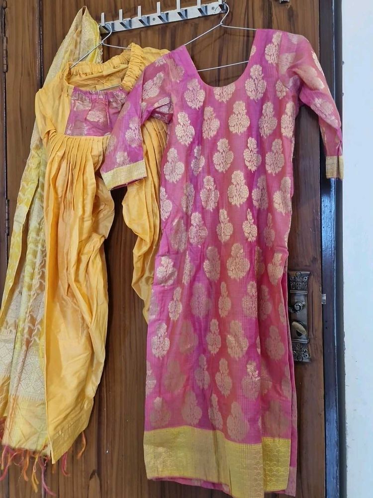 Elegant Pink &amp; Yellow Kurta Set