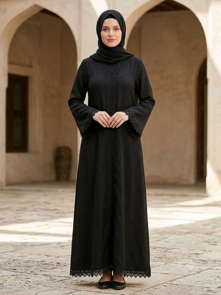 Elegant Black Abaya with Lace Trim