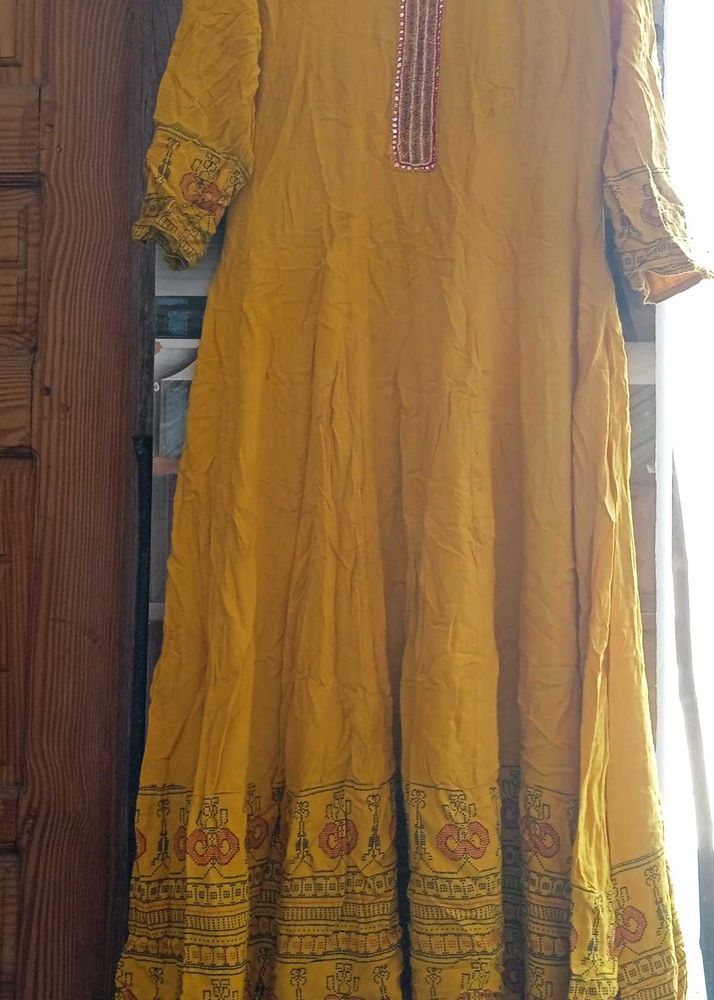 Sun Yellow Cotton Anarkali Frock with Intricate Ge