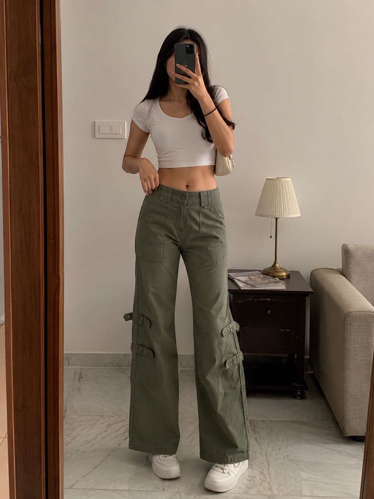 Olive Green Cargo Pants with Buckle Detail