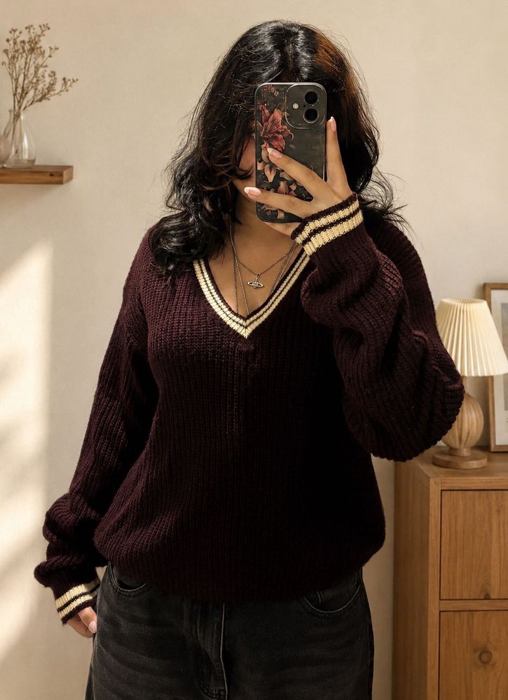 Korean Style Maroon V-Neck Knitted Sweater