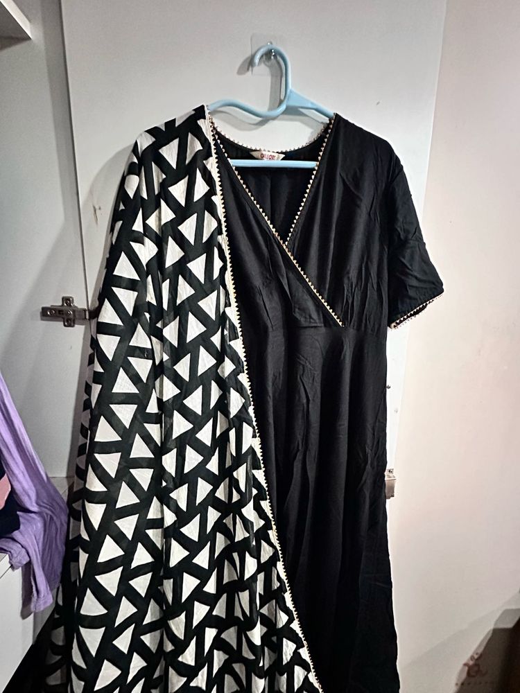 Black anarkali set with handblock print dupatta