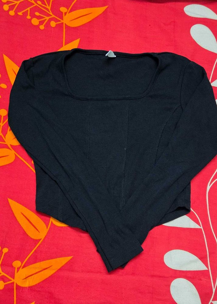 Black Long Sleeve Square Neck Top