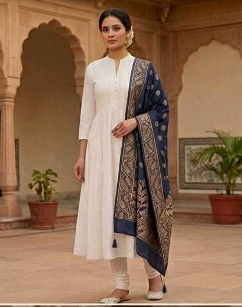 Elegant Blue Brocade Dupatta with Tassels