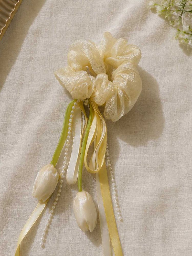 Elegant Floral Pearl Scrunchie