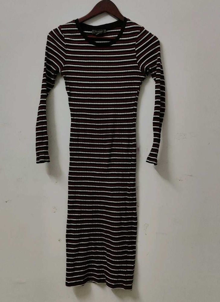 Striped Ribbed Long Sleeve Midi Dress