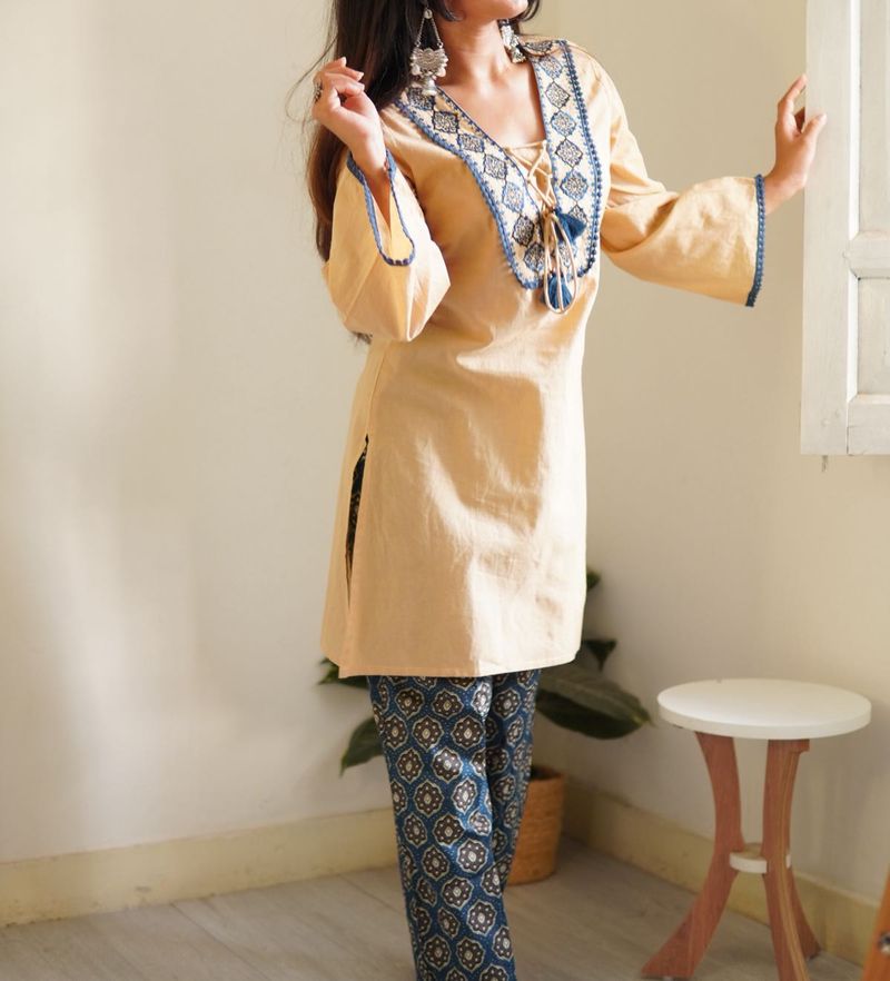 Elegant Peach Coord Set with Blue Print Pants