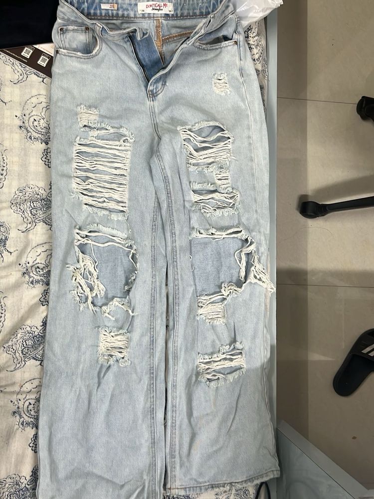 Light Wash Ripped Wide Leg Jeans