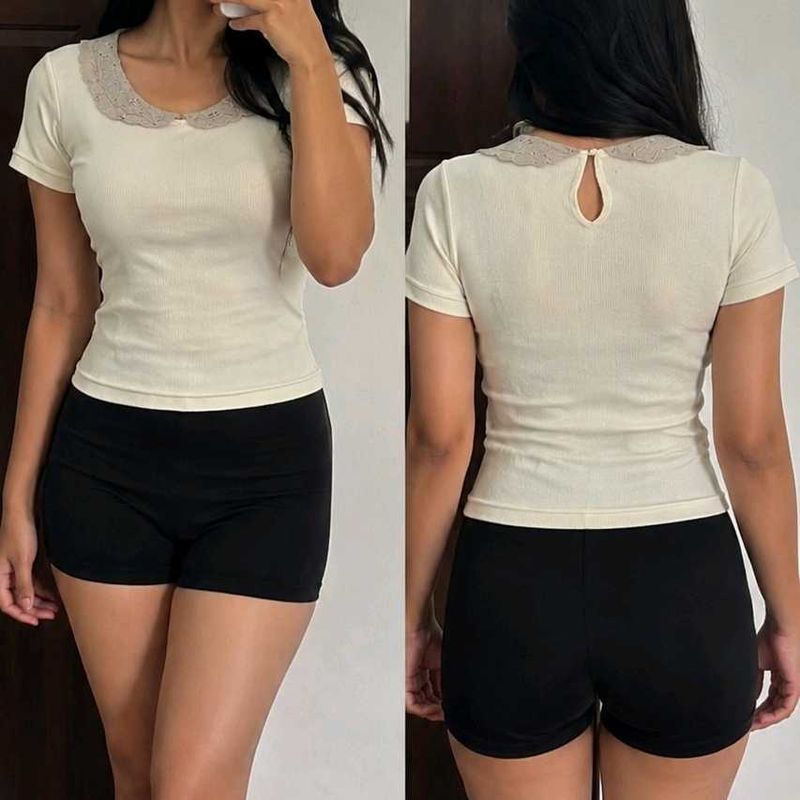 Cream Lace Collar Ribbed Top