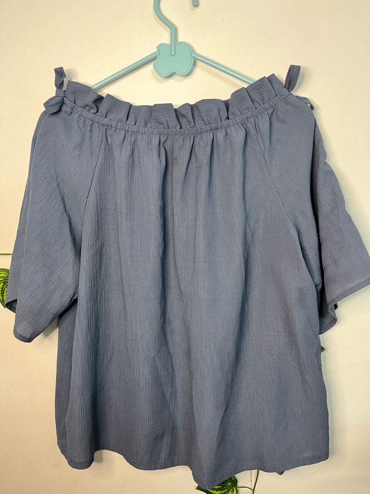 Off Shoulder Ruffled Blue Top