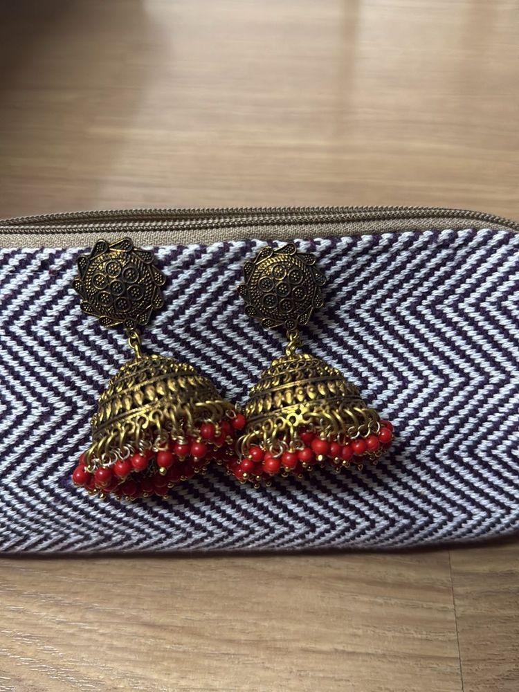 Red &amp; Gold Jhumka Earrings