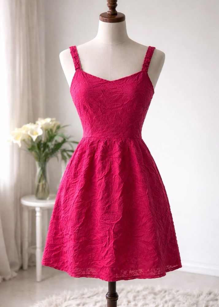 Vibrant Pink Textured Fit &amp; Flare Dress