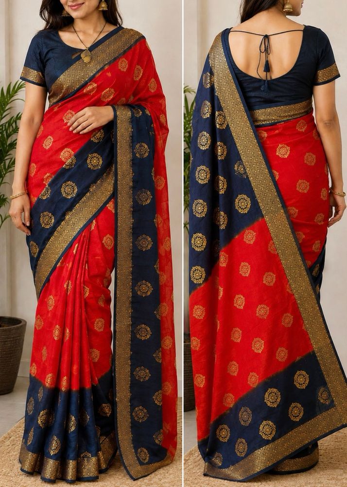 Elegant Red &amp; Navy Blue Saree