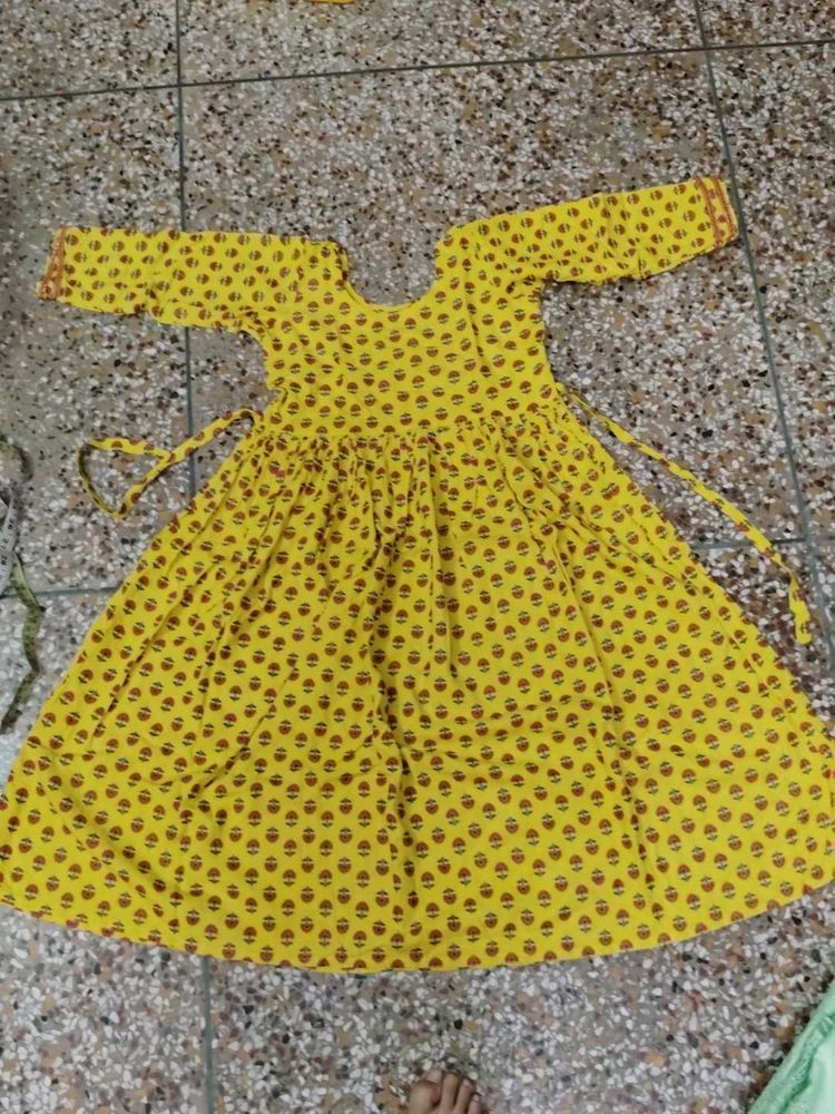 Vibrant Yellow Printed short frock kurta
