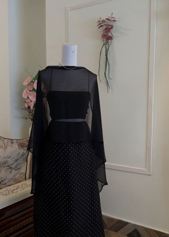 chiffon drape with polka dot flowy skirt