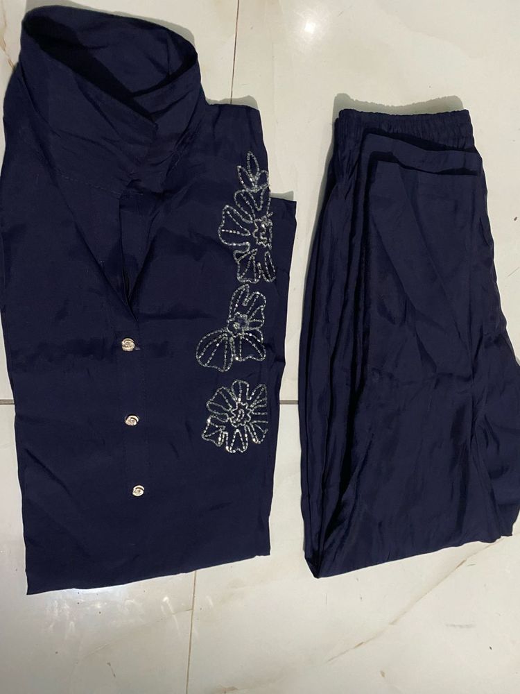 Navy Blue Kurta Set with Embellishments