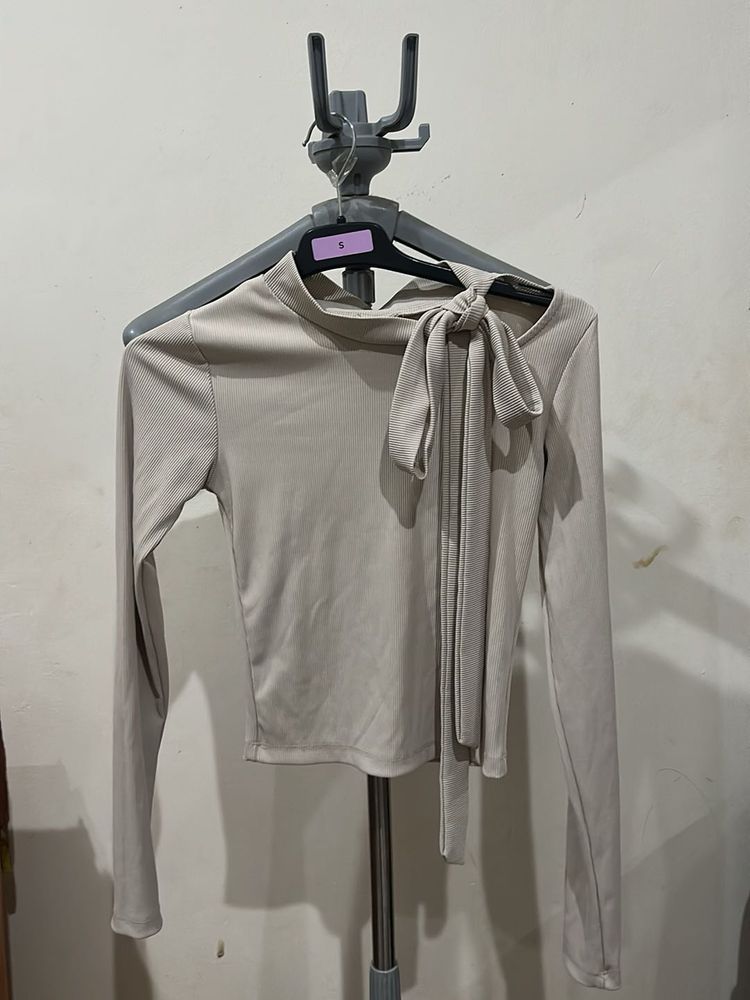 Elegant Beige Long Sleeve Tie-Neck Top